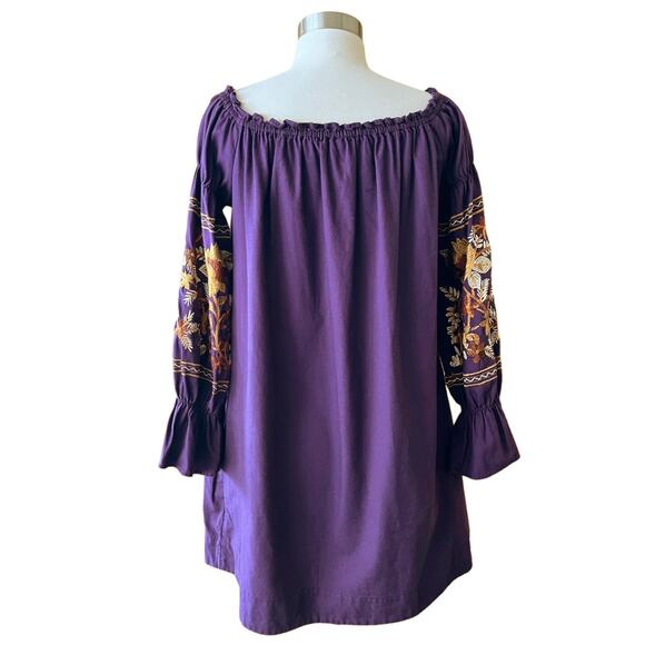 FREE PEOPLE Mini Dress Fleur du Jour Embroidered Tunic Purple Off the Shoulder - Picture 4 of 16